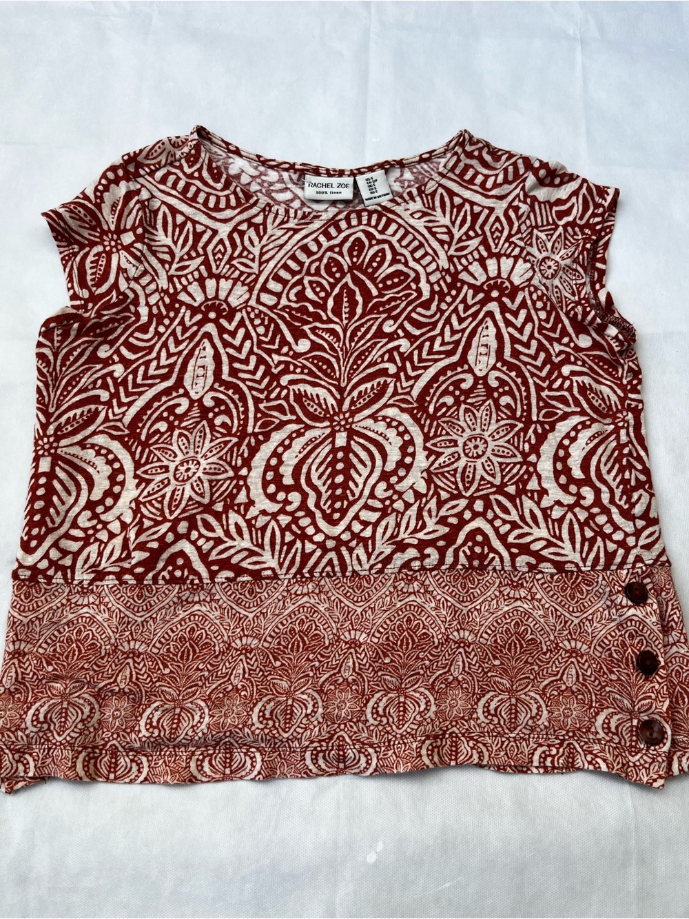 Rachel Zoe 100% linen Brown and Cream Printed Short-Sleeve Top